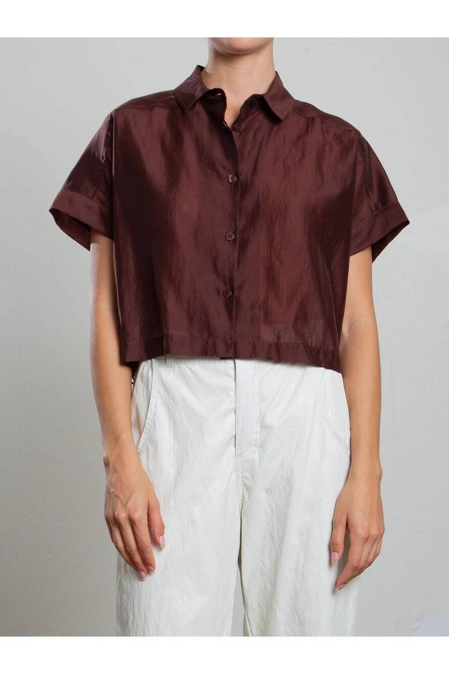 NEW PHARAOH zoey gossamer boxy cropped shirt in chocolate